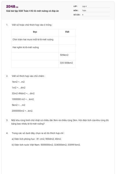 Giải bài tập SGK Toán 4  Ki-lô-mét vuông có đáp án