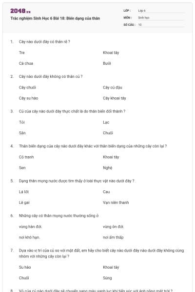 Trắc nghiệm Sinh Học 6 Bài 18: Biến dạng của thân