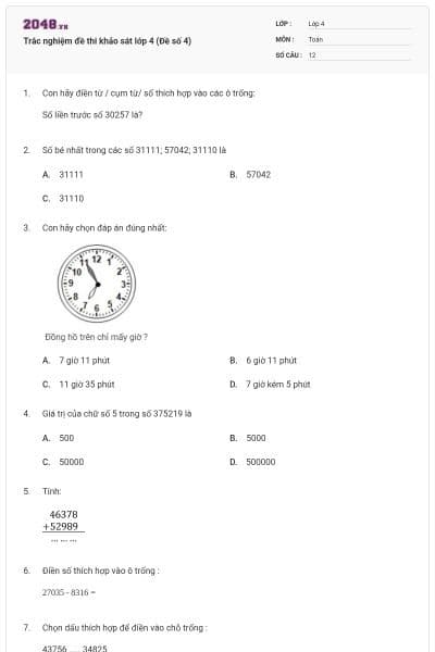 Trắc nghiệm đề thi khảo sát lớp 4 (Đề số 4)