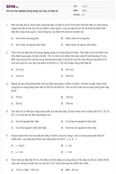29 câu trắc nghiệm Sóng dừng cực hay, có đáp án