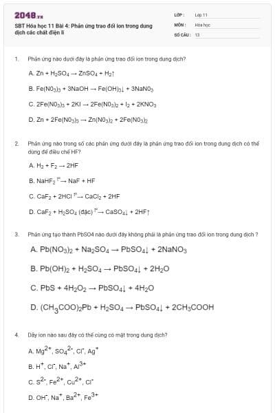 SBT Hóa học 11 Bài 4: Phản ứng trao đổi ion trong dung dịch các chất điện li