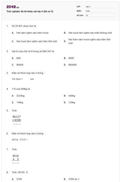 Trắc nghiệm đề thi khảo sát lớp 4 (Đề số 5)