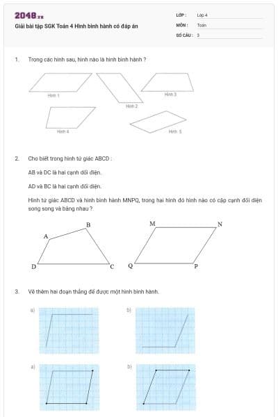Giải bài tập SGK Toán 4 Hình bình hành có đáp án