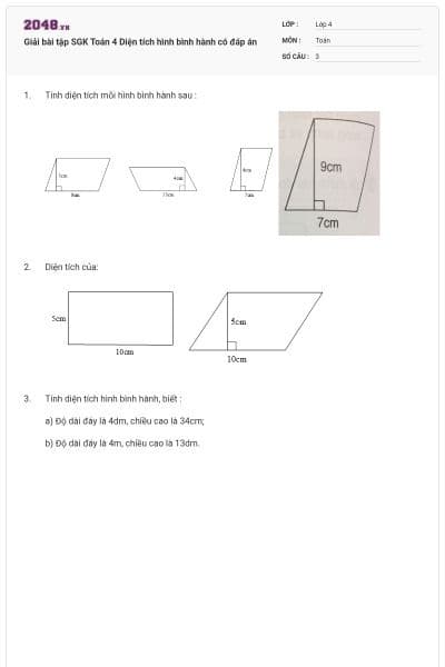 Giải bài tập SGK Toán 4 Diện tích hình bình hành có đáp án