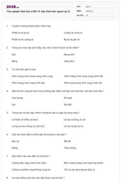 Trắc nghiệm Sinh Học 6 Bài 19: Đặc điểm bên ngoài của lá