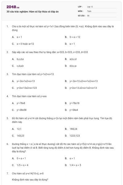 30 câu trắc nghiệm: Hàm số lũy thừa có đáp án