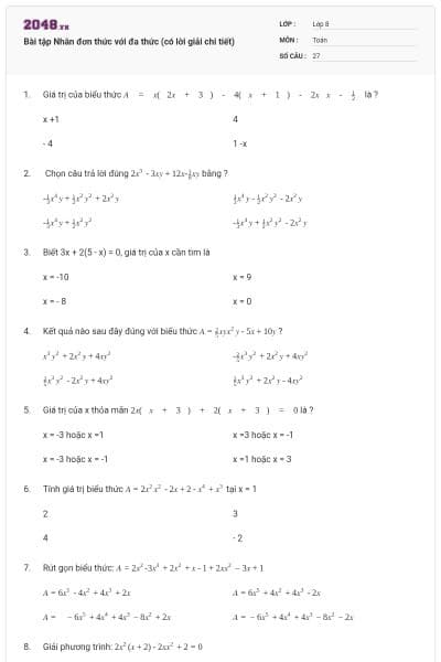 Bài tập Nhân đơn thức với đa thức (có lời giải chi tiết)