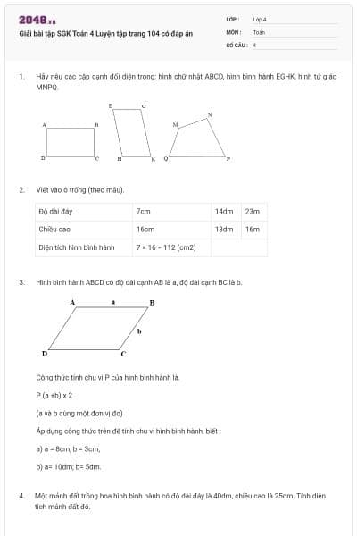 Giải bài tập SGK Toán 4 Luyện tập trang 104 có đáp án