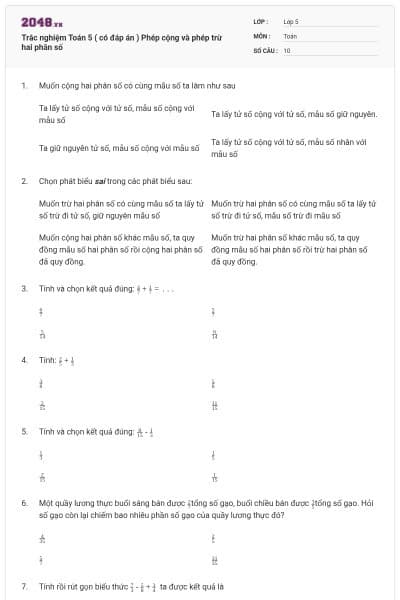 Trắc nghiệm Toán 5 ( có đáp án ) Phép cộng và phép trừ hai phân số