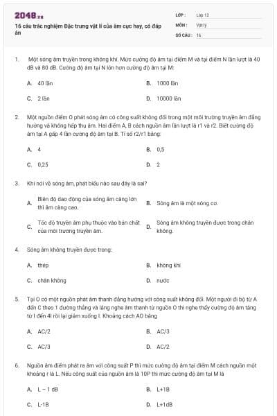 16 câu trắc nghiệm Đặc trưng vật lí của âm cực hay, có đáp án