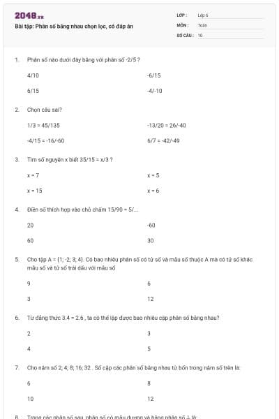 Bài tập: Phân số bằng nhau chọn lọc, có đáp án