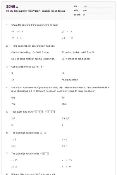 21 câu Trắc nghiệm Toán 9 Bài 1: Căn bậc hai có đáp án