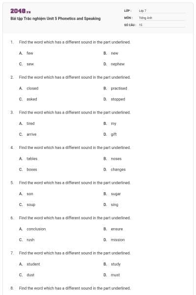 Bài tập Trắc nghiệm Unit 5 Phonetics and Speaking