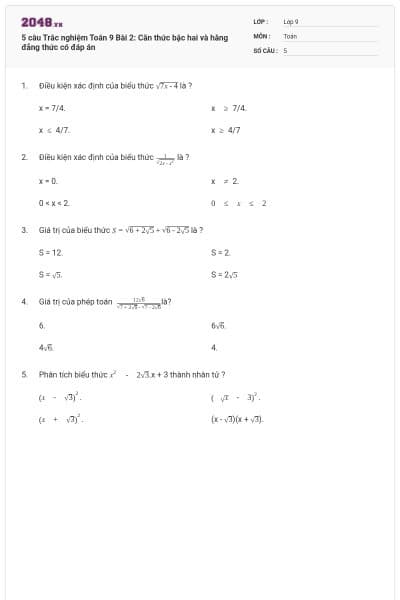 5 câu Trắc nghiệm Toán 9 Bài 2: Căn thức bậc hai và hằng đẳng thức có đáp án