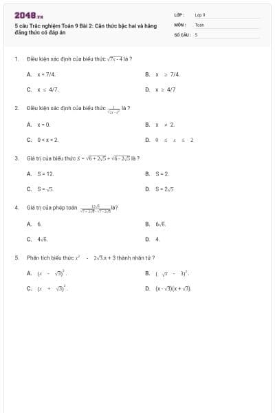 5 câu Trắc nghiệm Toán 9 Bài 2: Căn thức bậc hai và hằng đẳng thức có đáp án