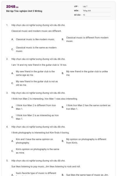 Bài tập Trắc nghiệm Unit 5 Writing