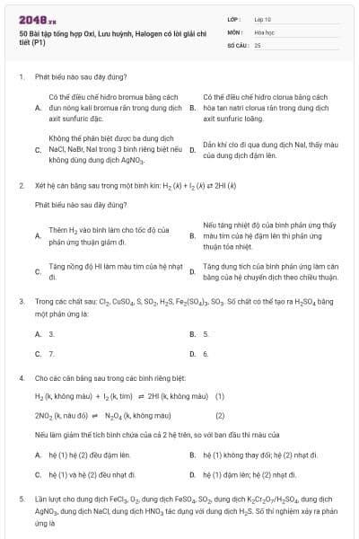 50 Bài tập tổng hợp Oxi, Lưu huỳnh, Halogen có lời giải chi tiết (P1)