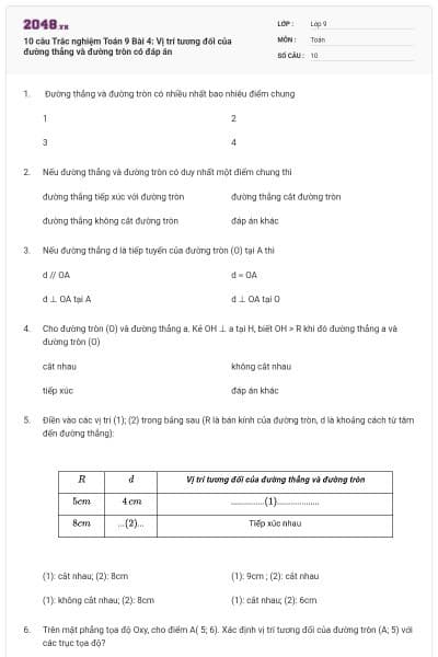 10 câu Trắc nghiệm Toán 9 Bài 4: Vị trí tương đối của đường thẳng và đường tròn có đáp án