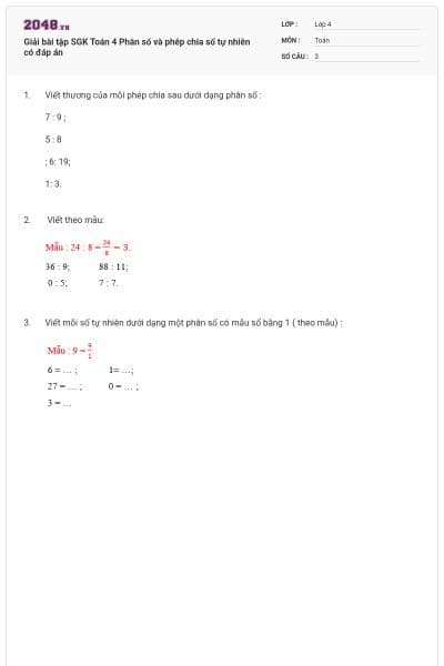 Giải bài tập SGK Toán 4 Phân số và phép chia số tự nhiên có đáp án