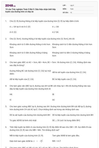 10 câu Trắc nghiệm Toán 9 Bài 5: Dấu hiệu nhận biết tiếp tuyến của đường tròn có đáp án