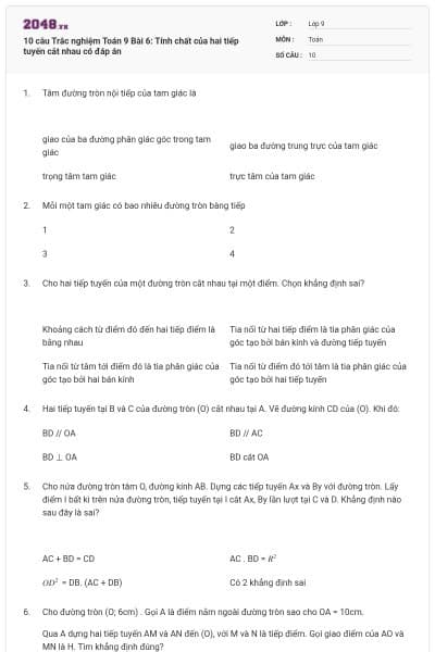 10 câu Trắc nghiệm Toán 9 Bài 6: Tính chất của hai tiếp tuyến cắt nhau có đáp án