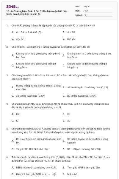 10 câu Trắc nghiệm Toán 9 Bài 5: Dấu hiệu nhận biết tiếp tuyến của đường tròn có đáp án
