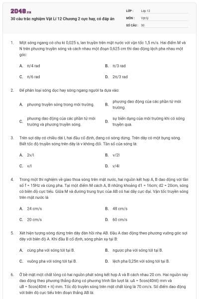 30 câu trắc nghiệm Vật Lí 12 Chương 2 cực hay, có đáp án