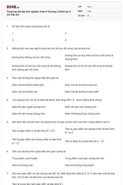 Tổng hợp bài tập trắc nghiệm Toán 9 Chương 2 Hình học 9 (có đáp án)