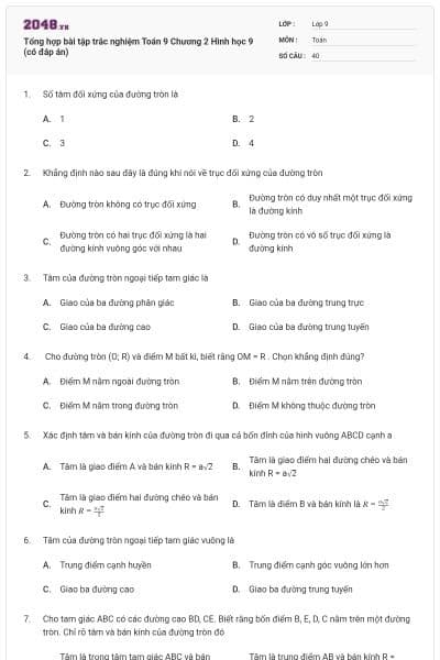Tổng hợp bài tập trắc nghiệm Toán 9 Chương 2 Hình học 9 (có đáp án)