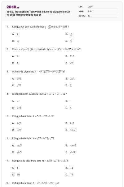 10 câu Trắc nghiệm Toán 9 Bài 3: Liên hệ giữa phép nhân và phép khai phương có đáp án