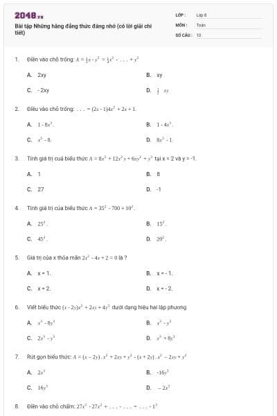 Bài tập Những hằng đẳng thức đáng nhớ (có lời giải chi tiết)