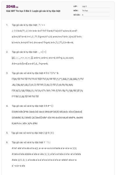 Giải SBT Tin học 5 Bài 2: Luyện gõ các kí tự đặc biệt