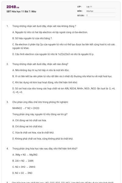 SBT Hóa học 11 Bài 7: Nitơ