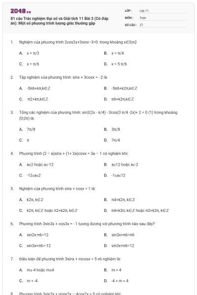 81 câu Trắc nghiệm Đại số và Giải tích 11 Bài 3 (Có đáp án): Một số phương trình lượng giác thường gặp