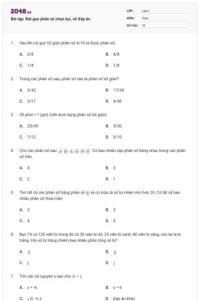 Bài tập: Rút gọn phân số chọn lọc, có đáp án
