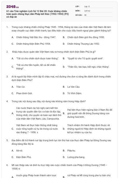 61 câu Trắc nghiệm Lịch Sử 12 Bài 20: Cuộc kháng chiến toàn quốc chống thực dân Pháp kết thúc (1953-1954) (P2) có đáp án