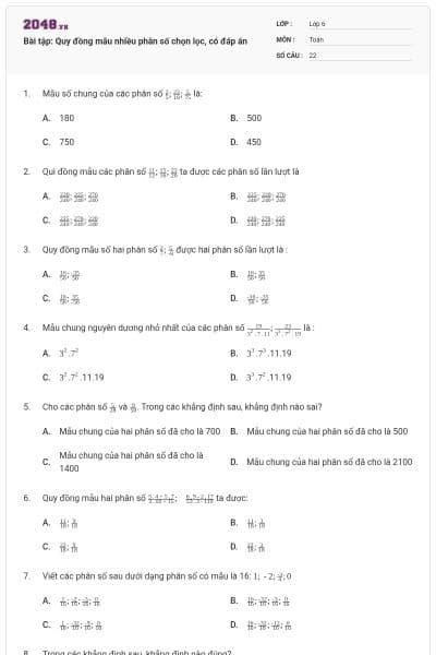 Bài tập: Quy đồng mẫu nhiều phân số chọn lọc, có đáp án