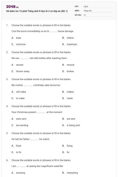 Đề kiểm tra 15 phút Tiếng Anh 8 Học kì 2 có đáp án (Đề 1)