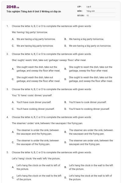 Trắc nghiệm Tiếng Anh 8 Unit 3 Writing có đáp án