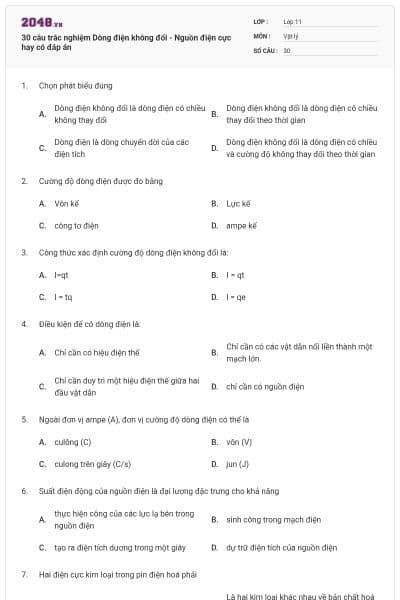 30 câu trắc nghiệm Dòng điện không đổi - Nguồn điện cực hay có đáp án