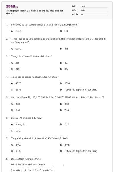 Trắc nghiệm Toán 4 Bài 4: (có đáp án) dấu hiệu chia hết cho 3