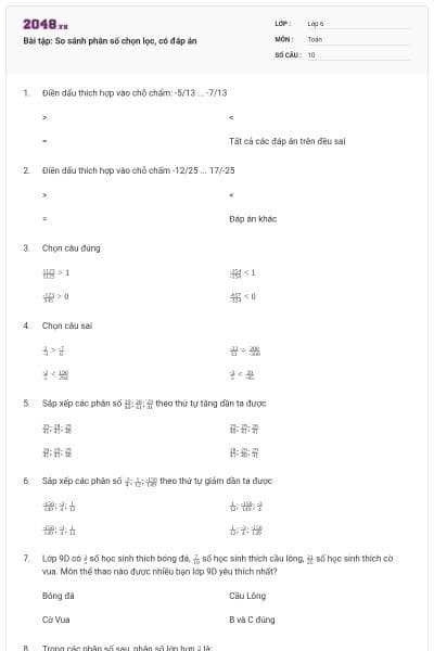 Bài tập: So sánh phân số chọn lọc, có đáp án