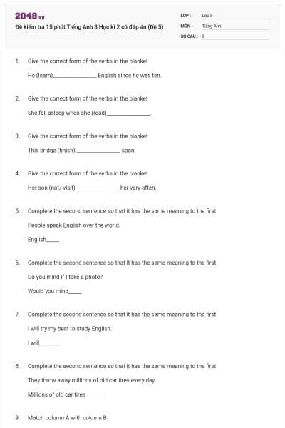 Đề kiểm tra 15 phút Tiếng Anh 8 Học kì 2 có đáp án (Đề 5)