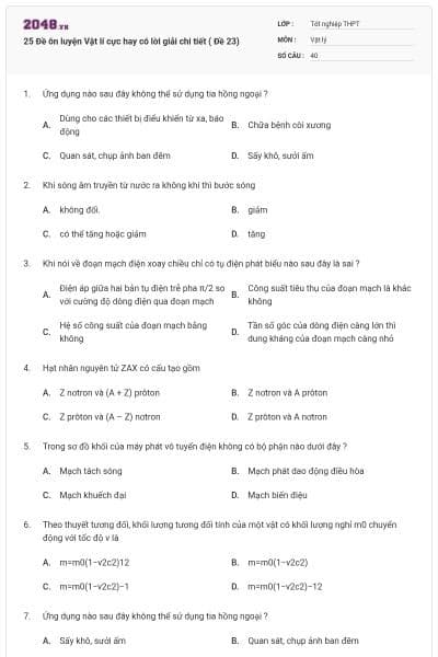 25 Đề ôn luyện Vật lí cực hay có lời giải chi tiết ( Đề 23)