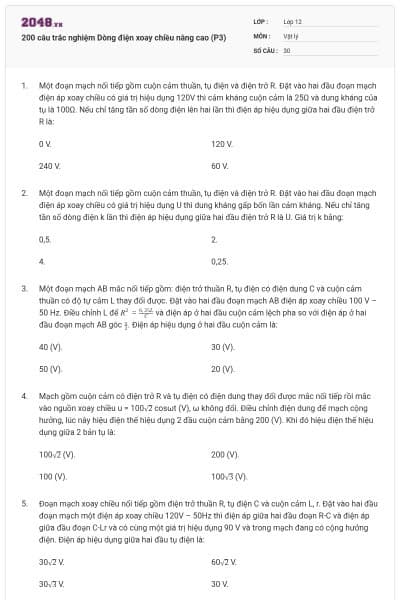 200 câu trắc nghiệm Dòng điện xoay chiều nâng cao (P3)