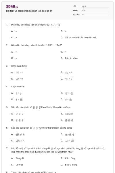 Bài tập: So sánh phân số chọn lọc, có đáp án