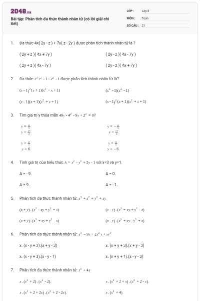 Bài tập: Phân tích đa thức thành nhân tử (có lời giải chi tiết)
