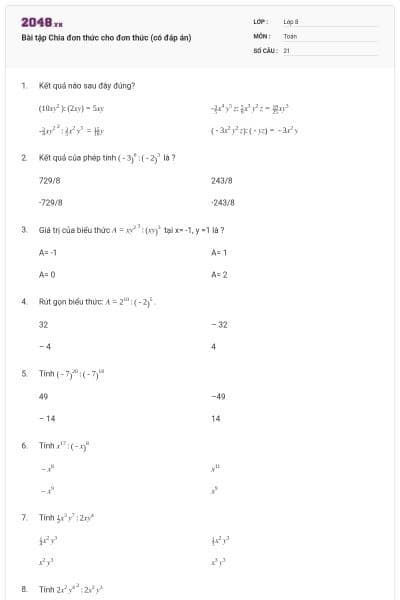 Bài tập Chia đơn thức cho đơn thức (có đáp án)