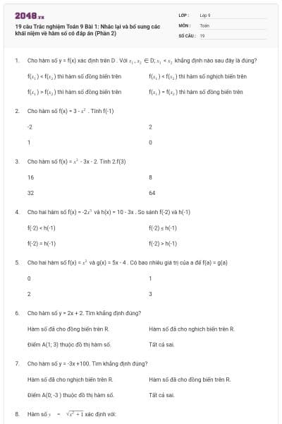 19 câu Trắc nghiệm Toán 9 Bài 1: Nhắc lại và bổ sung các khái niệm về hàm số có đáp án (Phần 2)
