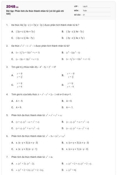 Bài tập: Phân tích đa thức thành nhân tử (có lời giải chi tiết)